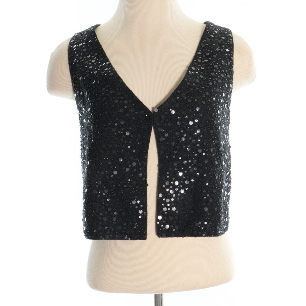 Eileen Fisher Camisole Black Silk Sequin V Neck Sleeveless Crop Size XSโ